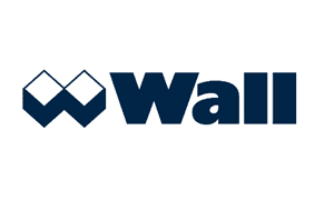Logo der Firma Wall mit zwei stilisierten, übereinander liegenden, quadratischen Elementen und dem Schriftzug „Wall“ in Blau.